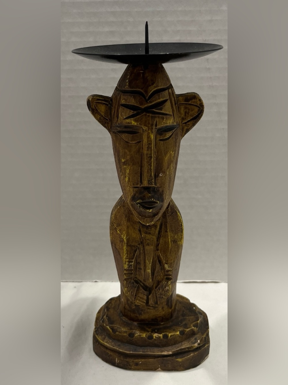 Vintage Hand-Carved African Tribal Figure Candle Holder Wood Sculpture Folk Art
